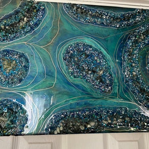 16x20 Resin Geode Artwork- Polished Gem Stones Rocks Crystals/Crushed Mirror Glass - Blue/Aqua/Green/Multicolor Blue Glitter