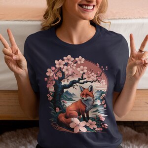 Fox & Cherry Blossom T-Shirt: Nature Inspired Bella Canvas Tee