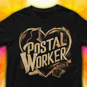 May include: Black t-shirt with a vintage-style graphic of a postal worker carrying a mailbag. The graphic is in the shape of a heart and includes the text "Postal Worker" with a vintage stamp.