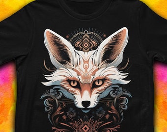 May include: A black t-shirt with a graphic of a stylized fox's face with intricate geometric patterns and floral details.