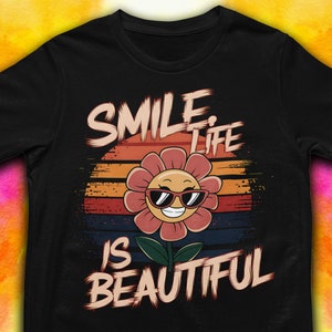 Smiling Flower Graphic T-Shirt: Retro Cartoon Style