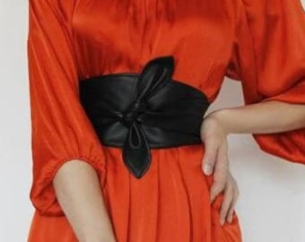 Handmade black obi belt, Leather tie belt, Wide genuine leather belt, Elegant belt for dress, Skirt soft garter belt