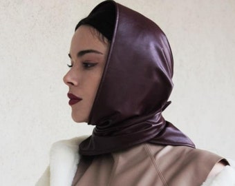 Soft Vegan Leather Headscarf for Women – Faux Leather Babushka Shawl, Stylish Balaclava, and Square Kerchief | Trendy Leather Khimar