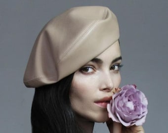Handmade beige leather beret, head beret, leather hat, leather beret hat,  women's beret, beret hat, vintage beret, beret for women
