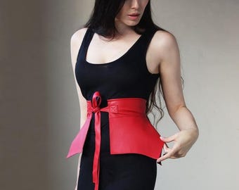 Red Renaissance leather corset belt | Wide Basque belt | Underbust belt | Plus size | Leather corset belt