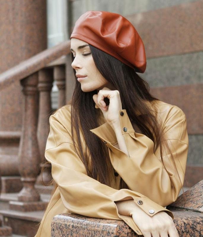 French Classic Handmade Leather Beret, Brown Leather Beret  display picture 1