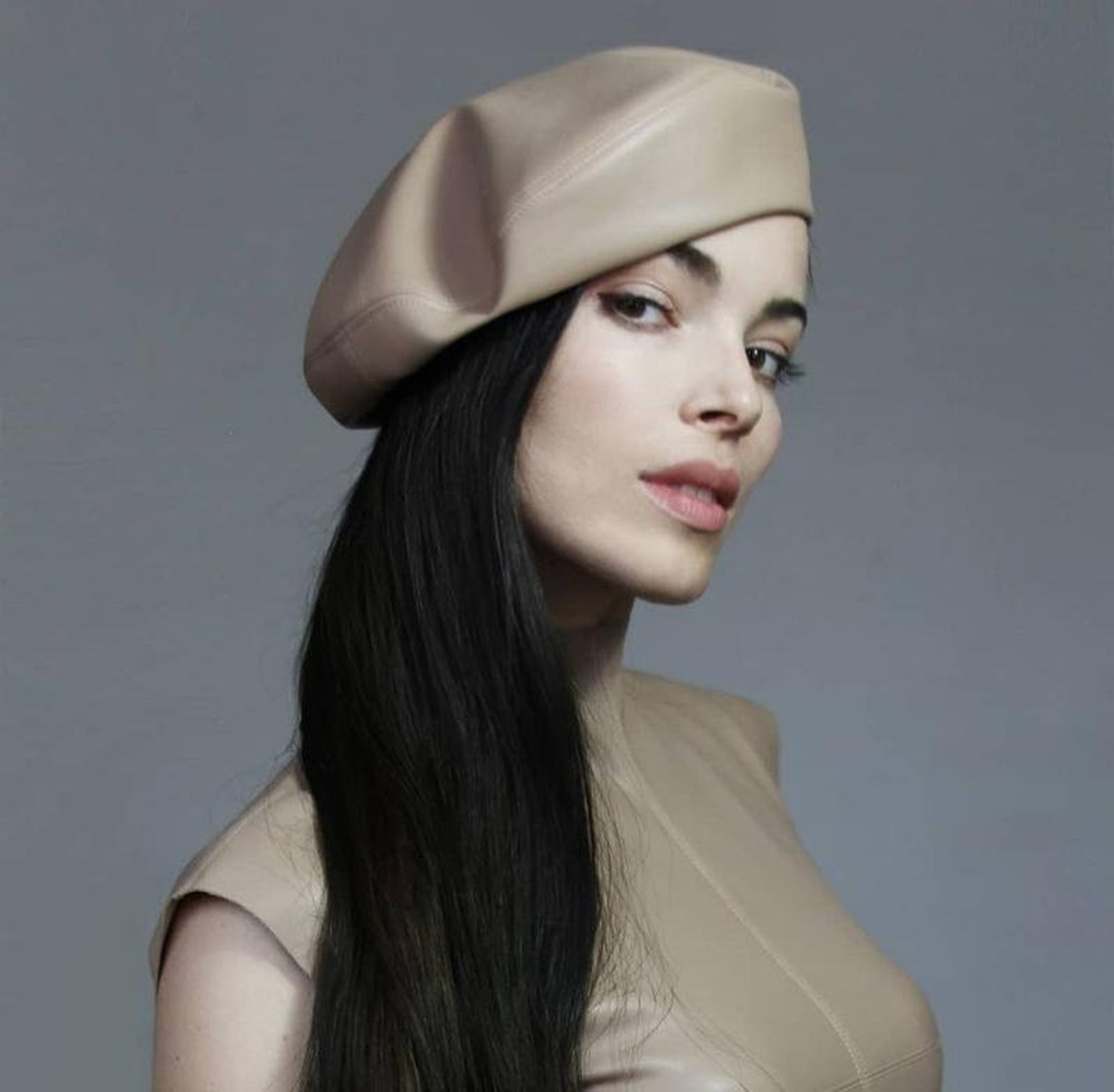 Handmade Beige Leather Beret, Head Beret, Leather Hat, Leather Beret ...