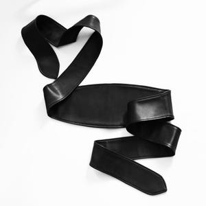 Handmade black obi belt, Leather tie belt, Wide genuine leather belt, Elegant belt for dress, Skirt soft garter belt
