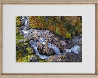 The River Orchy Waterfall Scottish Landscape Print in Light Oak Frame