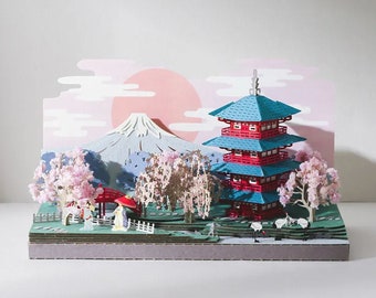 Kit di progetto in miniatura fai-da-te - Monte Fuji con fiori di ciliegio, kit per creazioni artistiche e artigianali con la carta