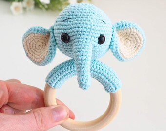 Gehaakte olifant baby rammelaar handgemaakt speelgoed schattig baby shower cadeau gepersonaliseerde verjaardagscadeau home decor kinderziektes houten ring