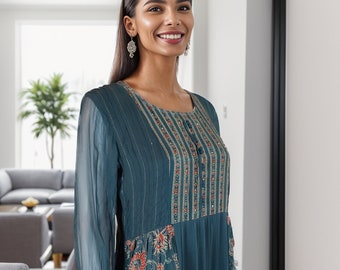 Georgette Maxi Dress: Layered Full Sleeve Evening Gown