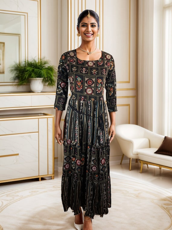 Black Rayon Midi Dress: Embroidered Belted Dress - Etsy Black Rayon Midi Dress: Embroidered Belted Dress - Etsy