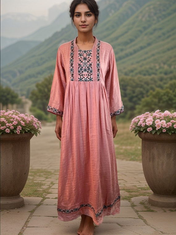 Hand-Embroidered Cotton Maxi Dress: Indian Boho Chic
