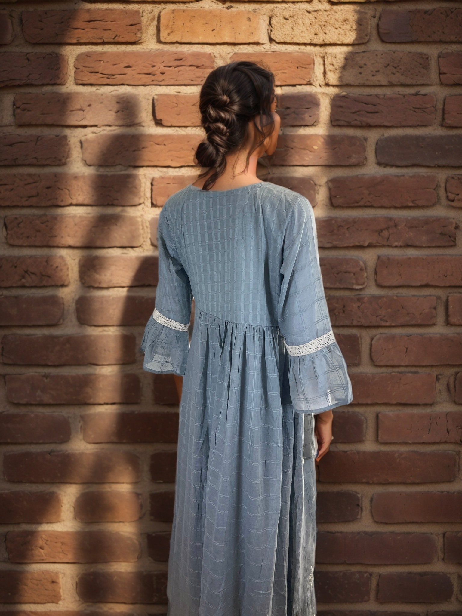 grey bell sleeve dress Gray Cotton Floral Embroidered Sleeves Maxi type Dresses & Jumpsuits
