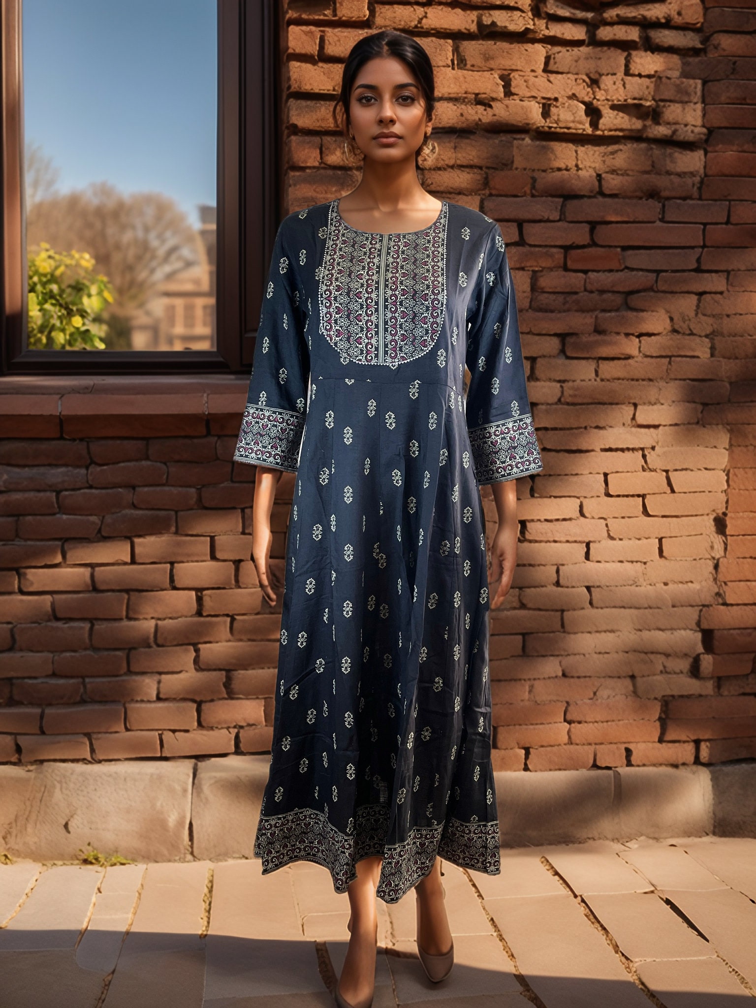 cotton bell sleeve dress Floral Embroidered Sleeves Maxi back fastening adds a A-line Off-the-Shoulder Puff Sleeve Cotton linen Color:Black Wool FW24 MAIN