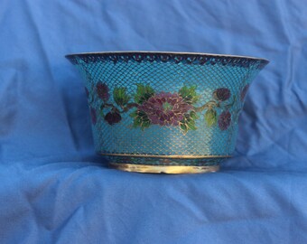 Vintage Plique a Jour Cloisonne Enamel Brass Bowl Foral Design