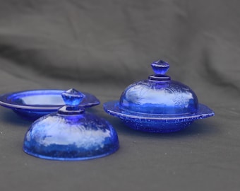 2 Miniature Cobalt Blue Glass Butter Dishes with Lids
