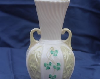 Vintage Belleek Shamrock Panel Vase Fluted Neck Double Handles