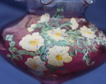 Vintage Hand Paiinted Cranberry Glass Pedestal Rose Bowl Ruffled Rim Floral Design