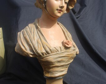 Vintage Art Nouveau Girl Head Bust Figurine Statue Plaster Chalkware Antique Lady with Bonnet