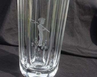 Orrefors Crystal Vase Nils Landberg Boy w/ Fishing Pole