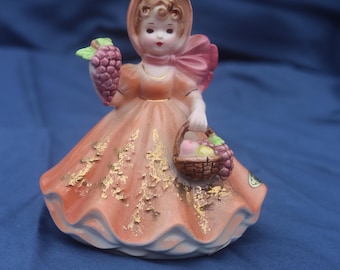 Josef Originals Figurine Ringing Bell Girl Grapes Basket Bonnet Pink