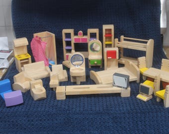 Wood Dollhouse furniture Lot Bed Dining Room Living Room 29 pieces