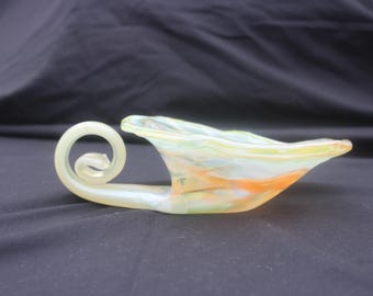 Murano Style Art Glass Cornucopia Centerpiece – Green & Amber Swirl, Hand Blown