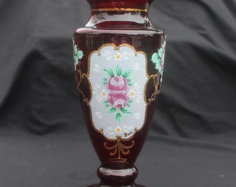 Vintage Bohemian BYTEP Art Glass Cranberry Red Hand Painted Roses Vase Gold Trim