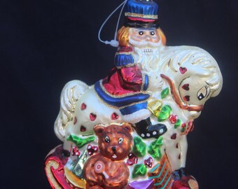 Christopher Radko 1999 Rocking Cracker Horse Bear Glass Christmas Ornament 7''