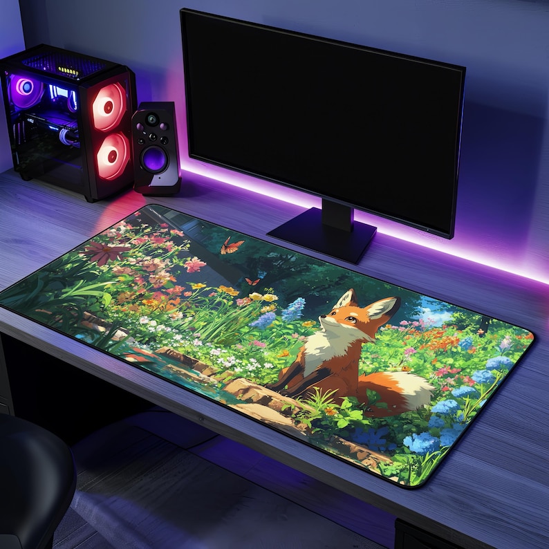 May include: A large, colorful mousepad with a cartoon fox sitting in a field of flowers. The fox is orange and white with a bushy tail. The flowers are pink, purple, blue, and yellow. The mousepad is perfect for gamers or anyone who wants to add a touch of whimsy to their desk.