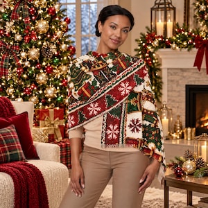 May include: A festive holiday shawl featuring a woven pattern of Christmas trees, wrapped gifts, and white snowflakes in shades of red, green, and cream. The rectangular wrap is draped over the shoulders, showcasing a textured fabric finish.