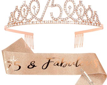 75th Birthday Gift Set - Crown, Sash, Pearl Pin, Decorations and Party Supplies for Women's Fabulous 75th Celebration