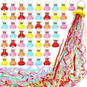 May include: A set of 48 colorful tissue paper pull string favors with a yellow, red, orange, pink, blue, and green color scheme. The favors are tied together with a white string and have a small loop at the top. The favors are arranged in rows of six. There is also a single pull string favor with a longer string of streamers in the same colors.