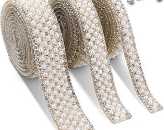 Pearl Rhinestone Ribbon, Self Adhesive Stickers Diamond Ribbon Crystal Strips for DIY Wedding Birthday Party Crafts Phone Shoes Decorations