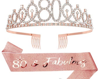 80th Birthday Crown + Sash + Pearl Pin Set, Elegant Gift for Women's 80th Birthday Party Decorations