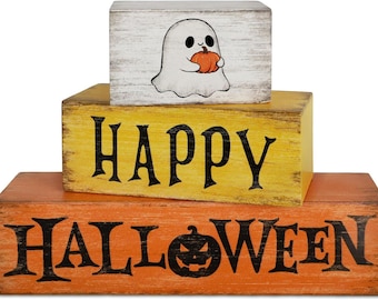 3 Wooden Vintage Happy Halloween Decorations Table Centerpiece Sign Set, Farmhouse Orange Yellow J-O-Lanten Ghost Signs Decorations for Home