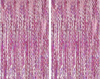 Pink Streamers Fringe Backdrop Tinsel Foil Fringe Curtains Wavy Backdrop for Parties Sparkle Metallic Wavy Foil Fringe Backdrop