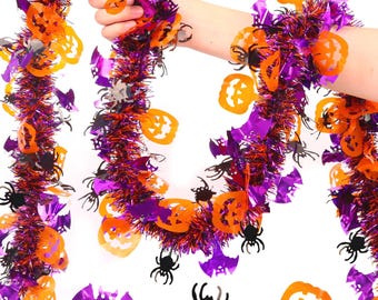 33FT Spooky Halloween Tinsel Garland with Pumpkin Bat Spider Ornament, Shiny Metallic Twist Garland Outdoor Indoor Halloween Decorations