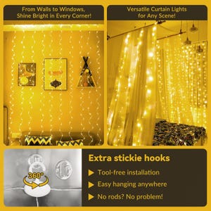 May include: Curtain lights with warm white LEDs, shown in a room setting. The lights are hanging from the ceiling and are draped over a bed. The image also shows extra stickie hooks for tool-free installation and easy hanging.