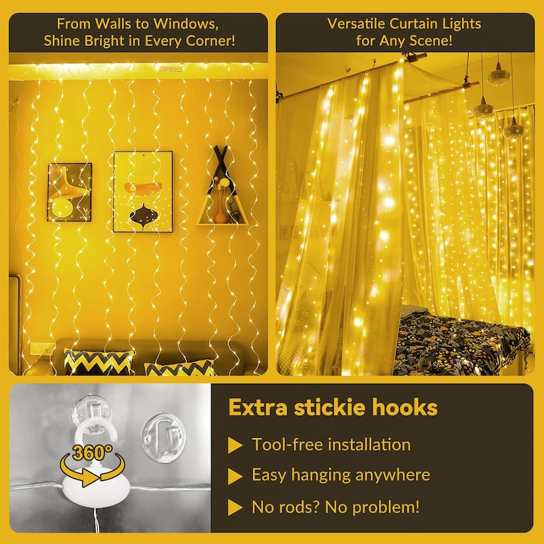 May include: Curtain lights with warm white LEDs, shown in a room setting. The lights are hanging from the ceiling and are draped over a bed. The image also shows extra stickie hooks for tool-free installation and easy hanging.