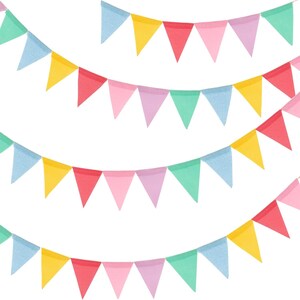 May include: A decorative bunting banner featuring multiple rows of triangular pennants in alternating pastel shades of light blue, yellow, red, pink, lavender, and mint green. The fabric flags are attached to a string, creating a festive display.
