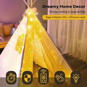 May include: A white and yellow teepee tent illuminated with string lights. The text "Dreamy Home Decor" and "Energy saving & long-lasting" are visible. The tent has a USB power supply.