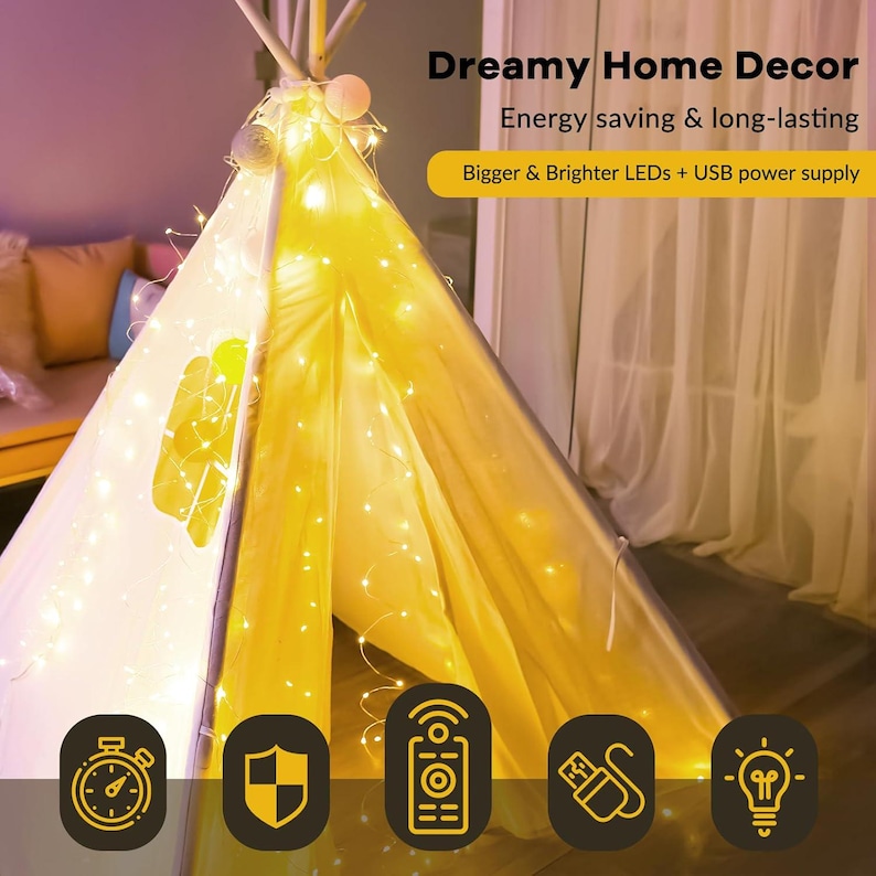 May include: A white and yellow teepee tent illuminated with string lights. The text "Dreamy Home Decor" and "Energy saving & long-lasting" are visible. The tent has a USB power supply.