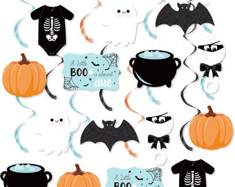 Halloween Baby Shower Decorations, 20 pcs Blue A Little Boo is Almost Due Hanging Swirl Decorations ,Ghost Pumpkin Foil Swirls Ceiling