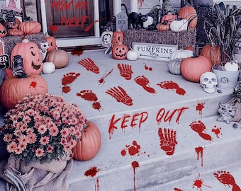 105 Pcs Bloody Halloween Decorations Bloody Footprints Floor Stickers Handprint Window Stickers Halloween Indoor Outdoor Wall Window Floor