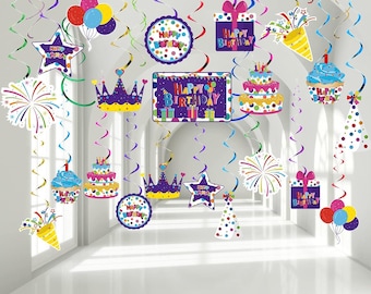 Happy Birthday Hanging Decorations Ceiling Hanging Swirl Decor Foil Streamer Swirl Spiral Door Decor Colorful Cupcake Balloon Sign Swirl