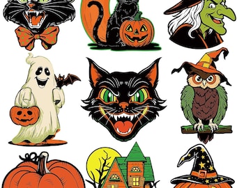 Large Vintage Halloween Decorations Double-Sided Halloween Cutouts Retro Halloween Spooky Ghost Pumpkin Witch Cat Cutouts for Trick or Treat