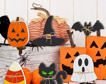6PCS Halloween Wooden Decor - Halloween Decorations Indoor for Home Mantle, Rustic Farmhouse Halloween Wooden Signs Include Pumpkin Ghost
